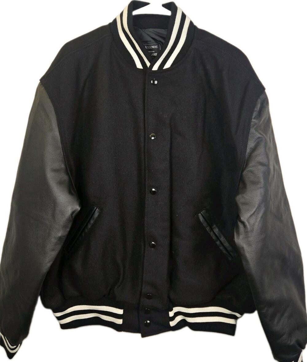Holloway VARSITY JACKET Men XL Letterman Black Wool White Leather Arms NWT RETRO